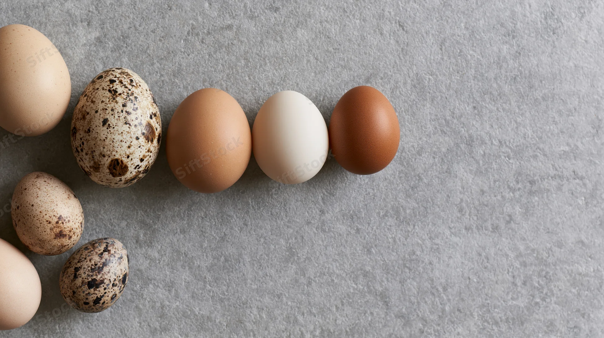 Various eggs arranged in a loose row on a gray textured surface