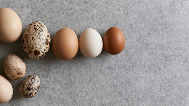 Various eggs arranged in a loose row on a gray textured surface