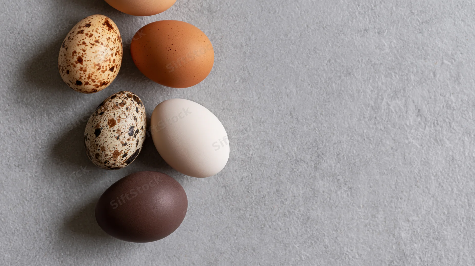 Five eggs of different types and colors arranged on a gray stone surface