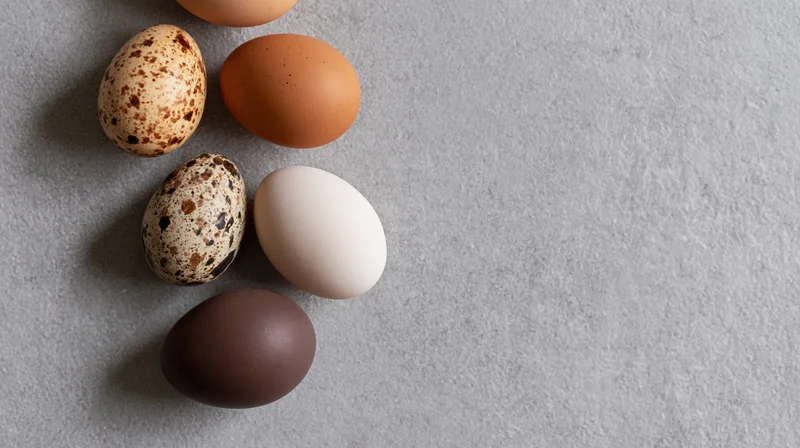 Five eggs of different types and colors arranged on a gray stone surface