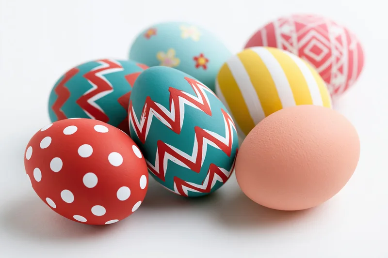 Decorated easter eggs with colorful patterns arranged on a white surface