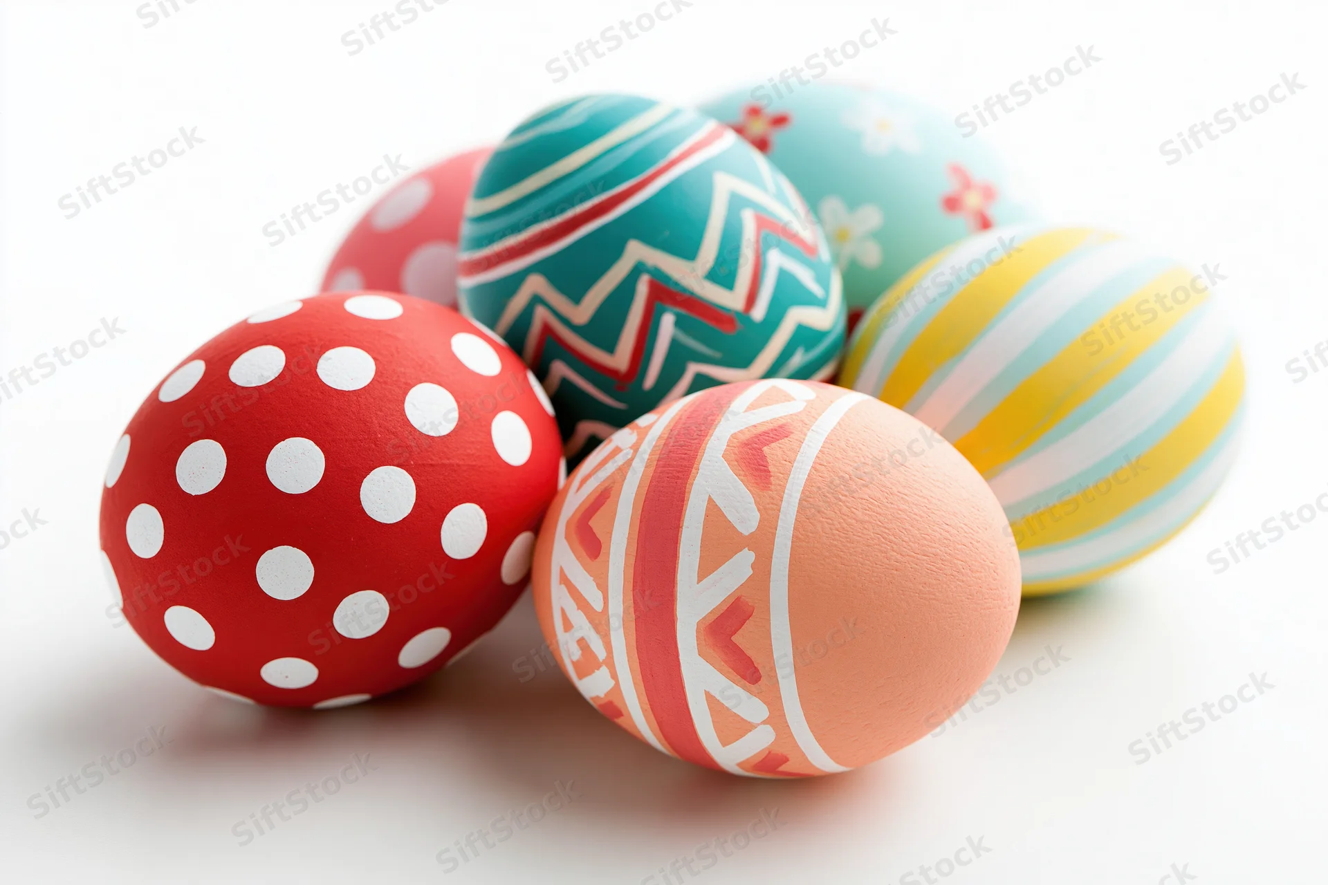 Decorated easter eggs arranged in a cluster on a white surface