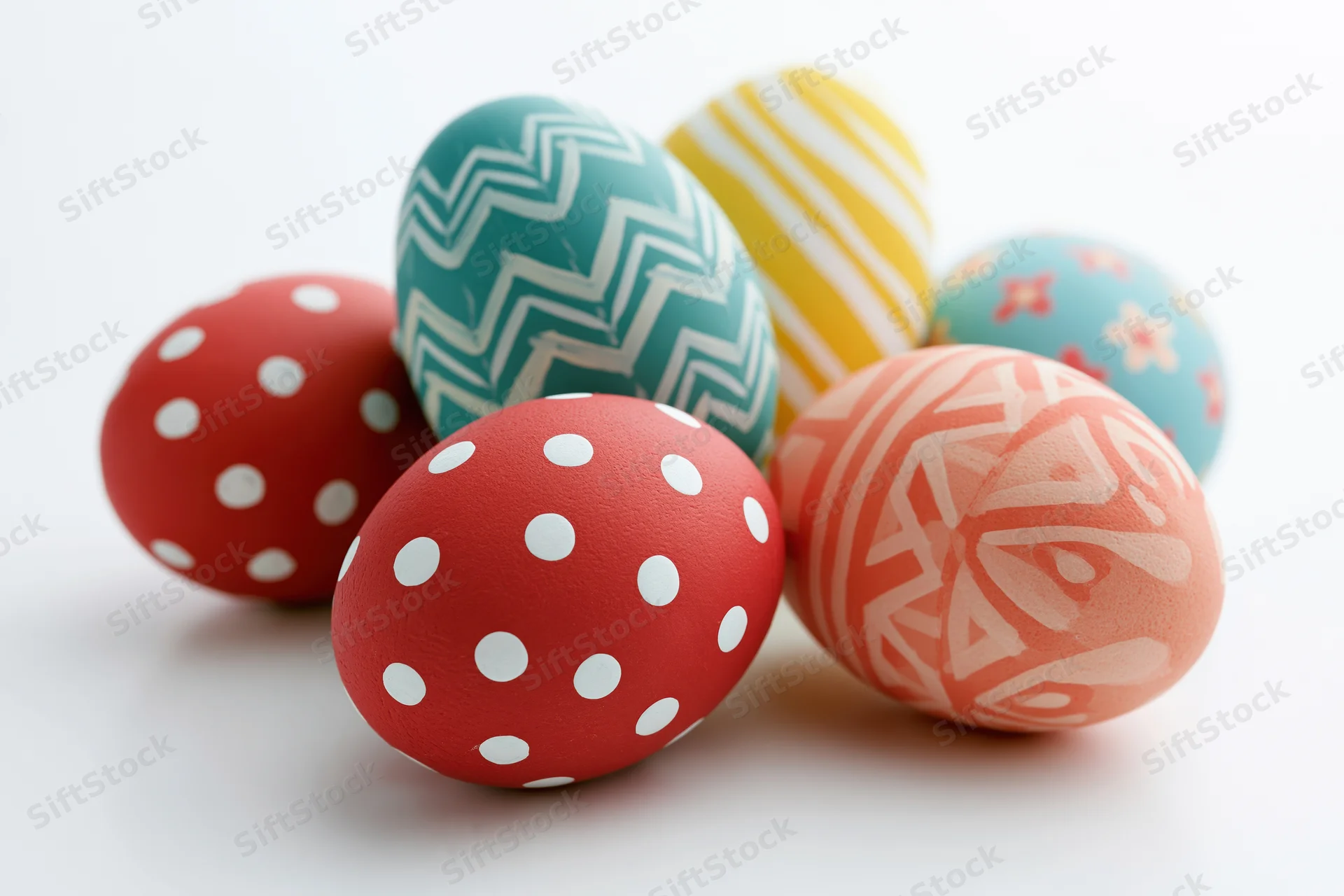 Five hand-painted easter eggs with colorful patterns arranged on a white surface