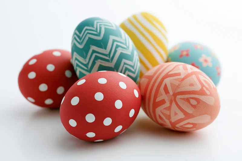 Five hand-painted easter eggs with colorful patterns arranged on a white surface