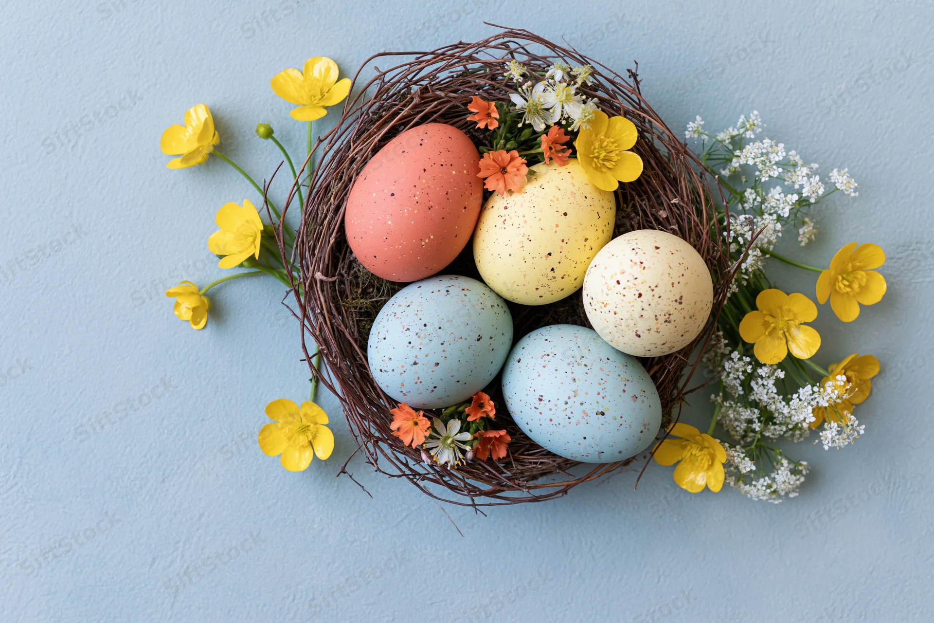Five painted easter eggs in a twig nest surrounded by yellow and white flowers on a light blue surface