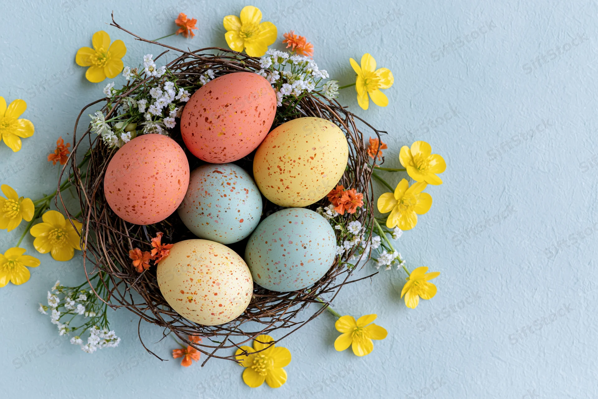 Five painted easter eggs in a twig nest surrounded by yellow and white flowers on a light blue surface