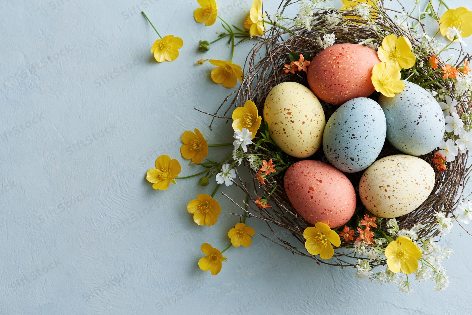 Painted easter eggs in a twig nest surrounded by yellow and white flowers on a light blue surface