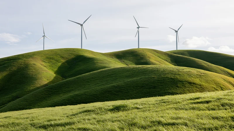 Wind turbines on rolling green hills under a partly cloudy sky