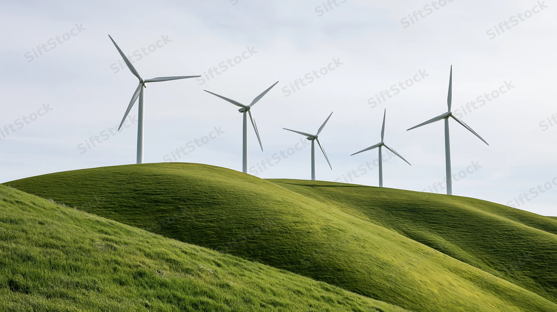 Five white wind turbines on rolling green grass hills under a cloudy sky