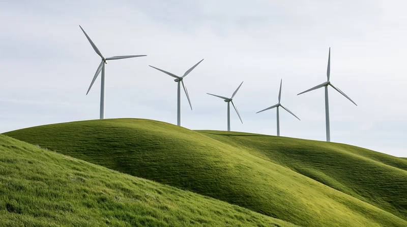 Five white wind turbines on rolling green grass hills under a cloudy sky