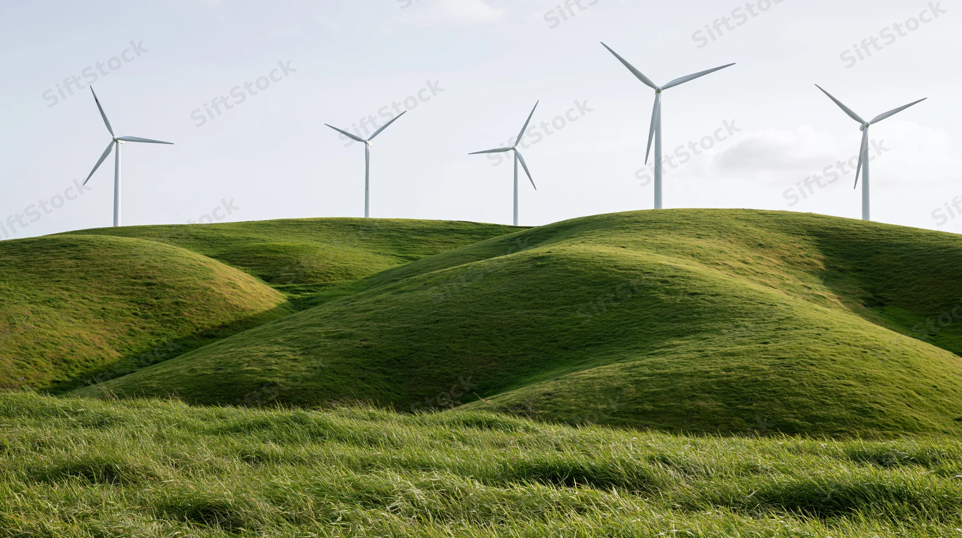 Five white wind turbines on rolling green grass hills under a clear sky
