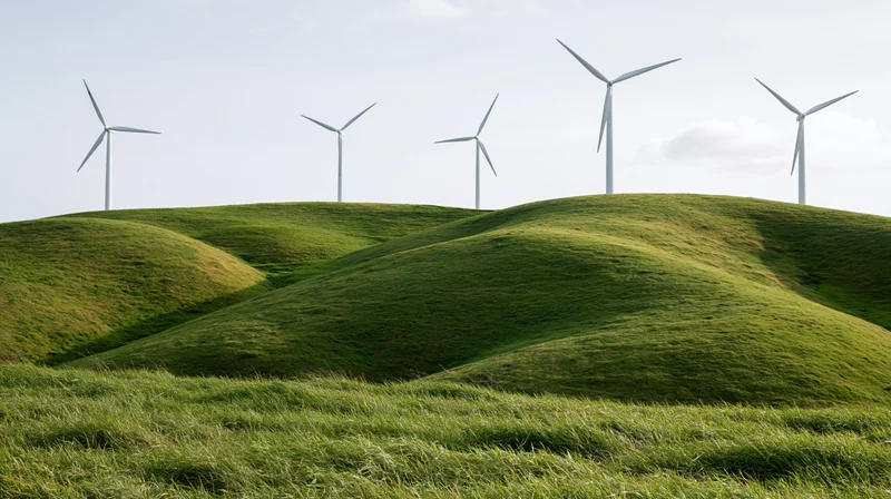 Five white wind turbines on rolling green grass hills under a clear sky