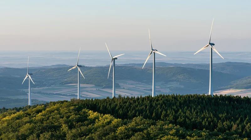 Five wind turbines rising above a forested hilltop in rural countryside