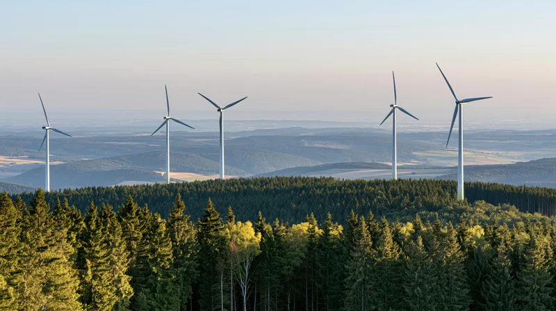 Five wind turbines rising above a forested hilltop in rural countryside