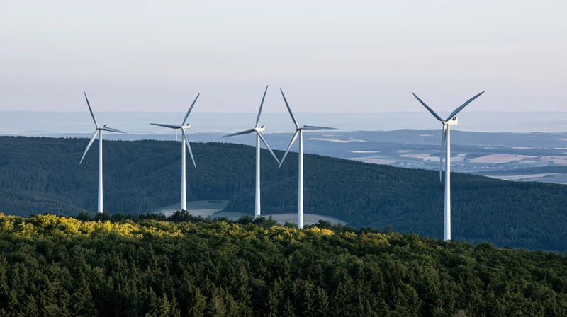 Five wind turbines rising above a forested hilltop in rural countryside