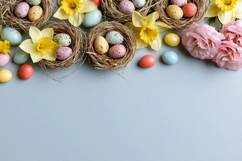 Easter eggs and flowers arranged in nests along the top edge of a pale grey surface