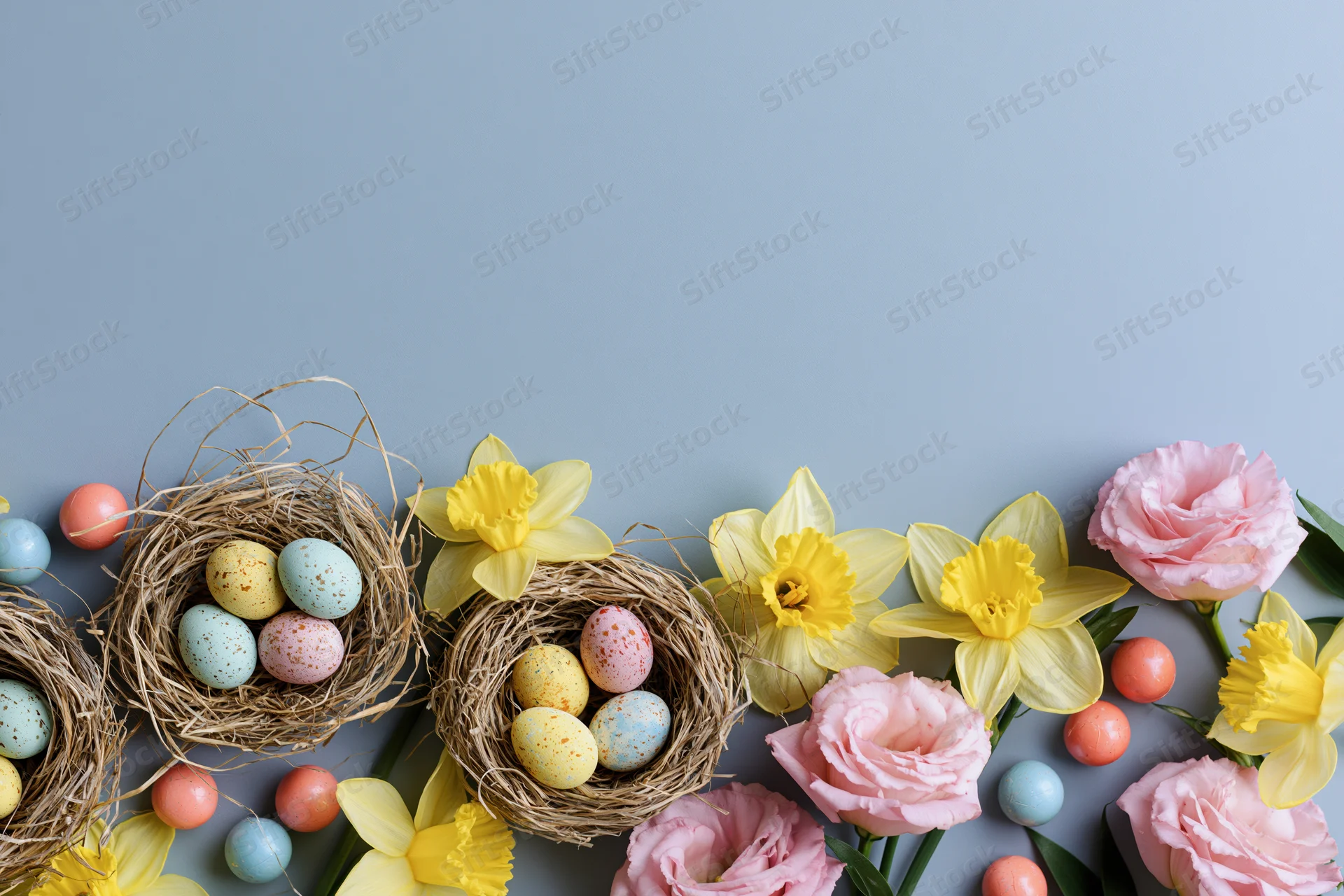 Easter eggs in nests with daffodils and roses arranged along the top edge of a pale grey surface