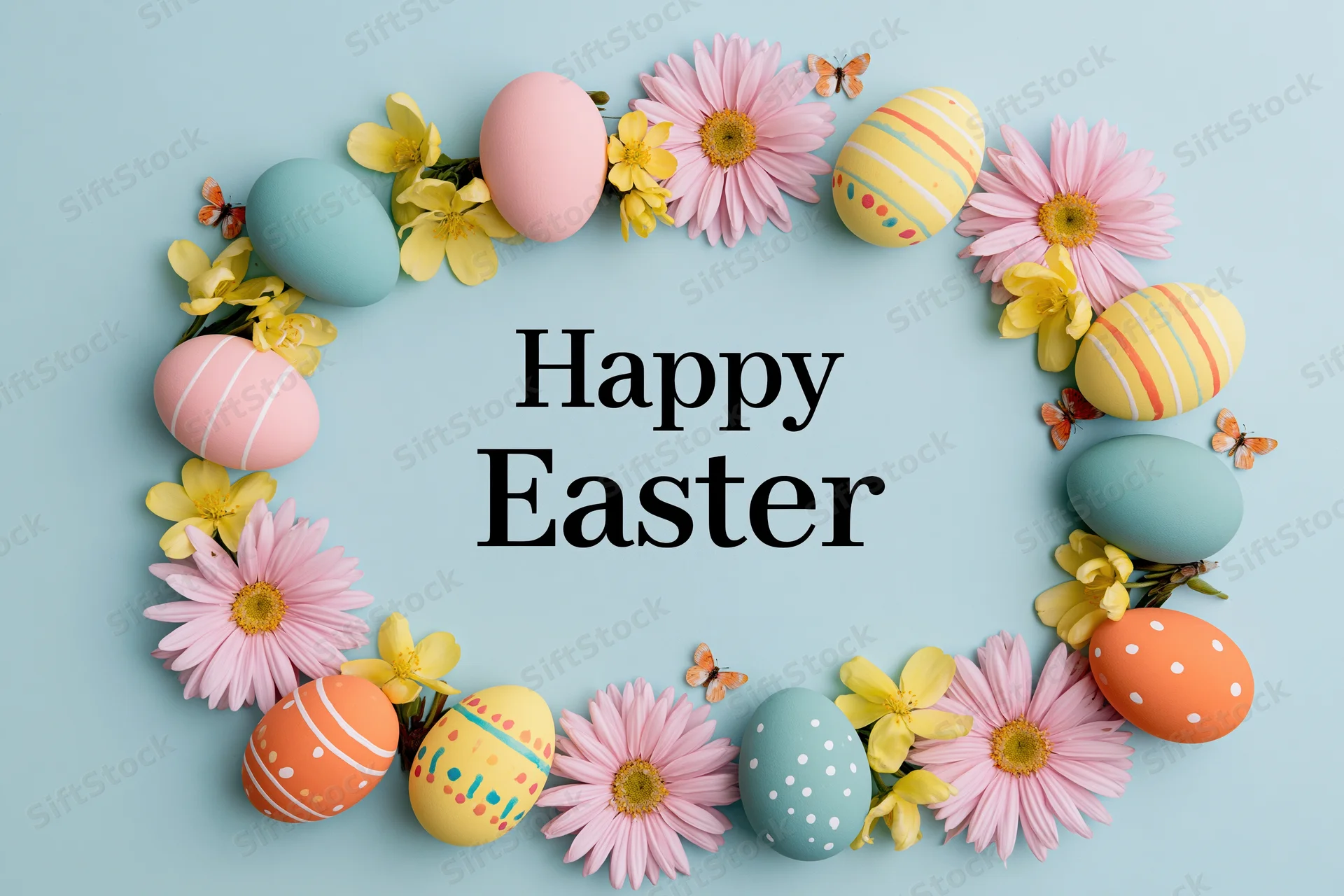 Colorful easter eggs and flowers arranged in a circular frame around happy easter text on a light blue background
