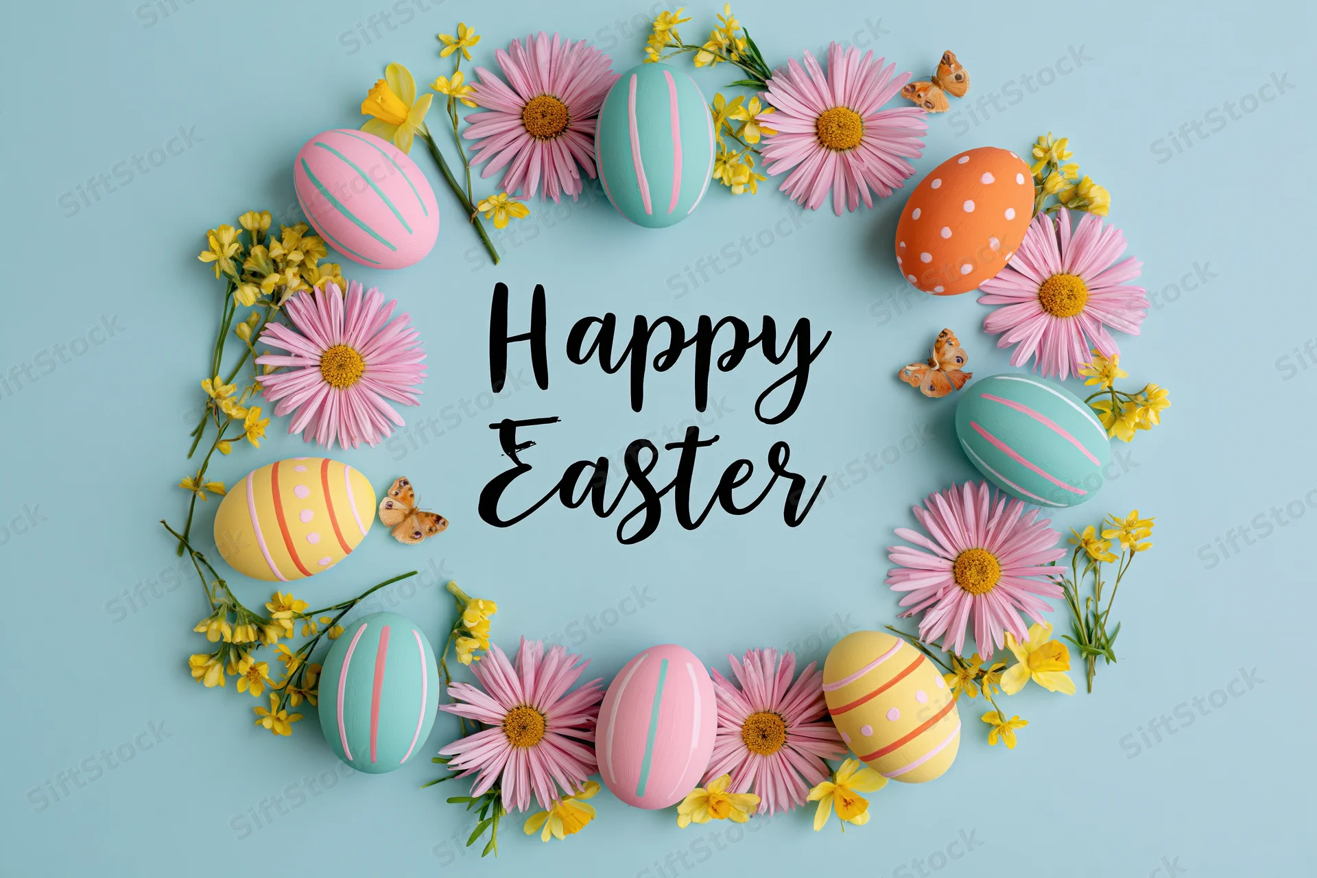 Colorful easter eggs and flowers arranged in a circle around happy easter text on a pastel blue background