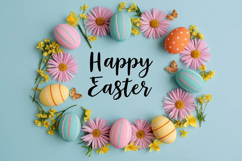 Colorful easter eggs and flowers arranged in a circle around happy easter text on a pastel blue background