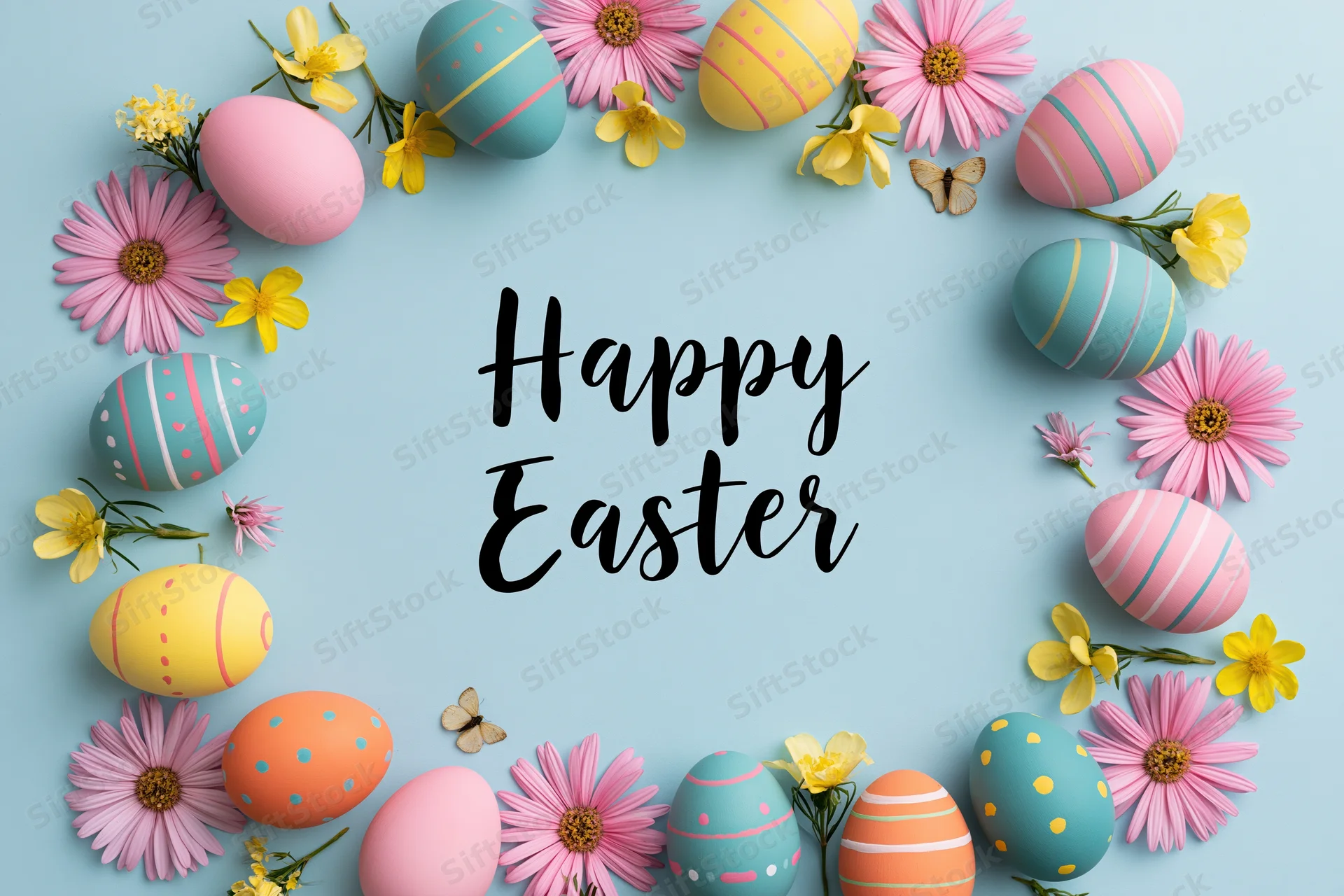 Colorful easter eggs and flowers arranged in a flat lay frame around happy easter text on a pastel blue background