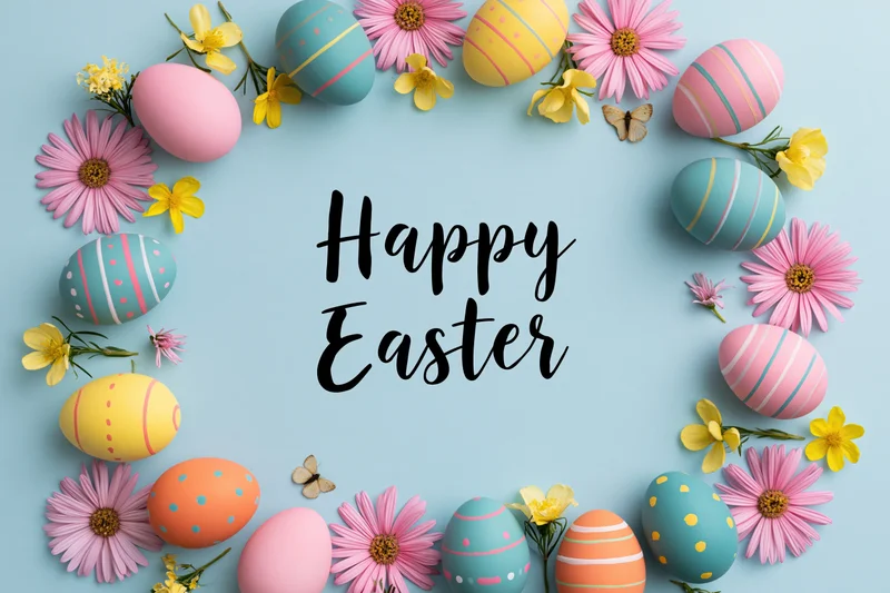 Colorful easter eggs and flowers arranged in a flat lay frame around happy easter text on a pastel blue background