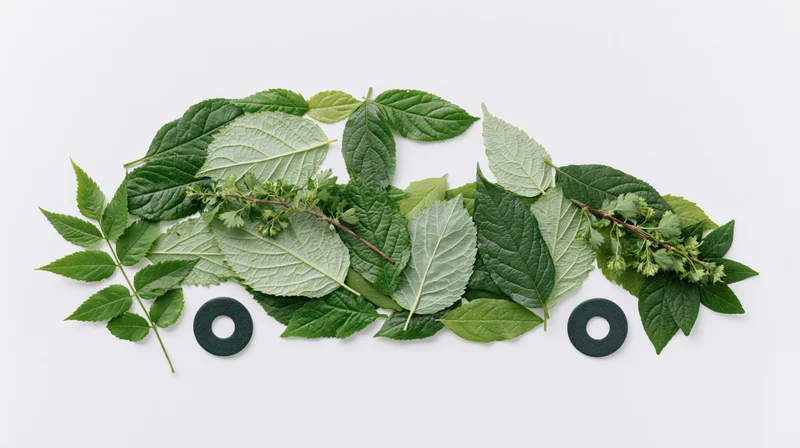 Flat lay of green leaves and branches arranged in shape of a car on white background