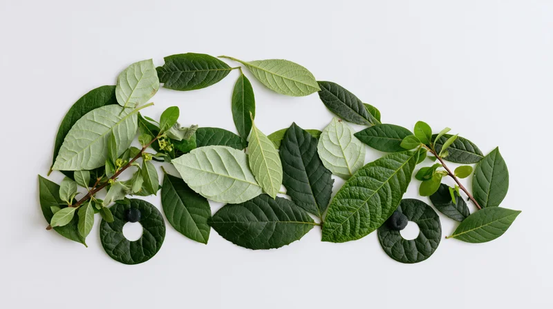 Assorted green leaves and small branches arranged in a flat lay on white background