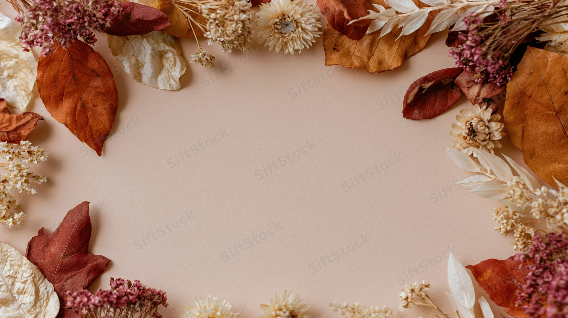Dried autumn leaves and botanicals arranged in a frame on a beige surface