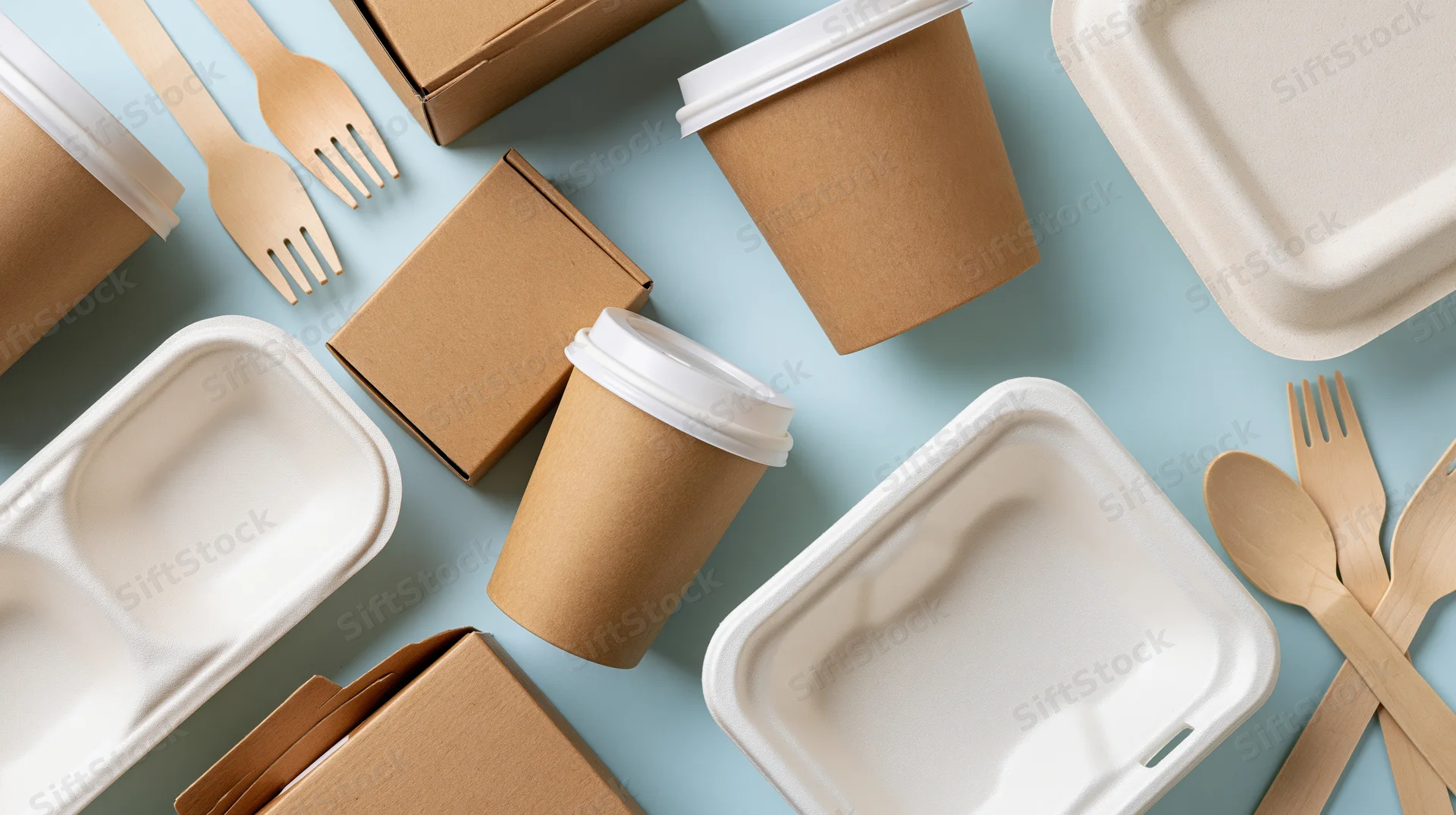 Flat lay of eco-friendly disposable tableware including paper cups, cardboard boxes, and wooden utensils on a blue surface