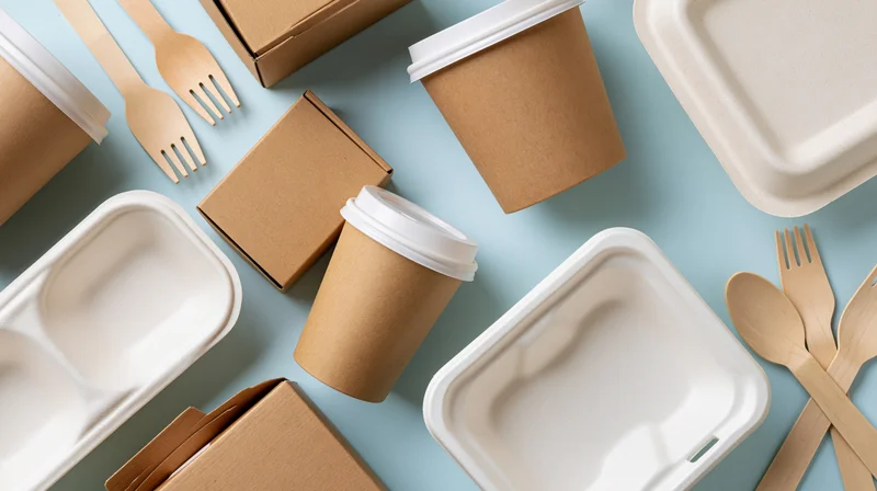 Flat lay of eco-friendly disposable tableware including paper cups, cardboard boxes, and wooden utensils on a blue surface