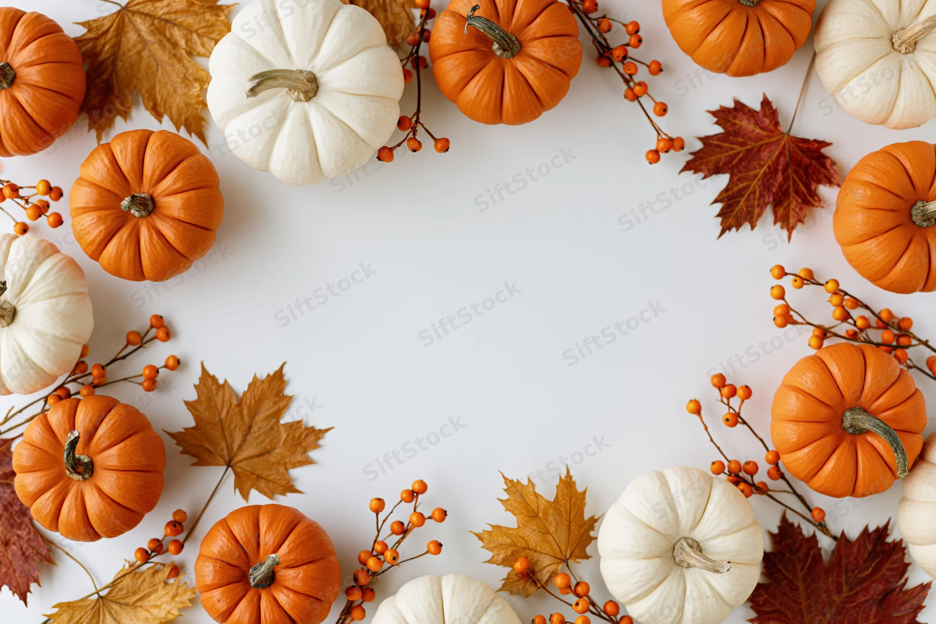 Small orange and white pumpkins with autumn leaves and berries arranged in a border around a white surface