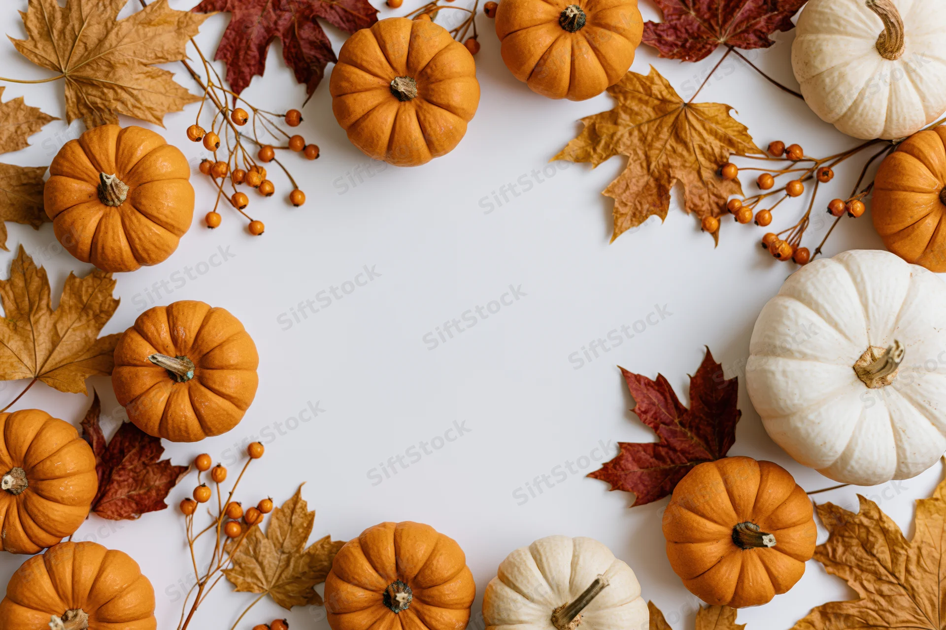 Small orange and white pumpkins arranged with autumn leaves and berries in a border around a white surface