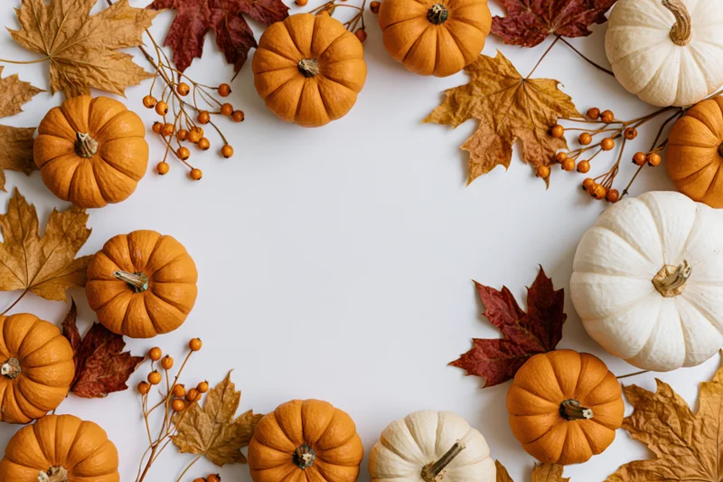 Small orange and white pumpkins arranged with autumn leaves and berries in a border around a white surface