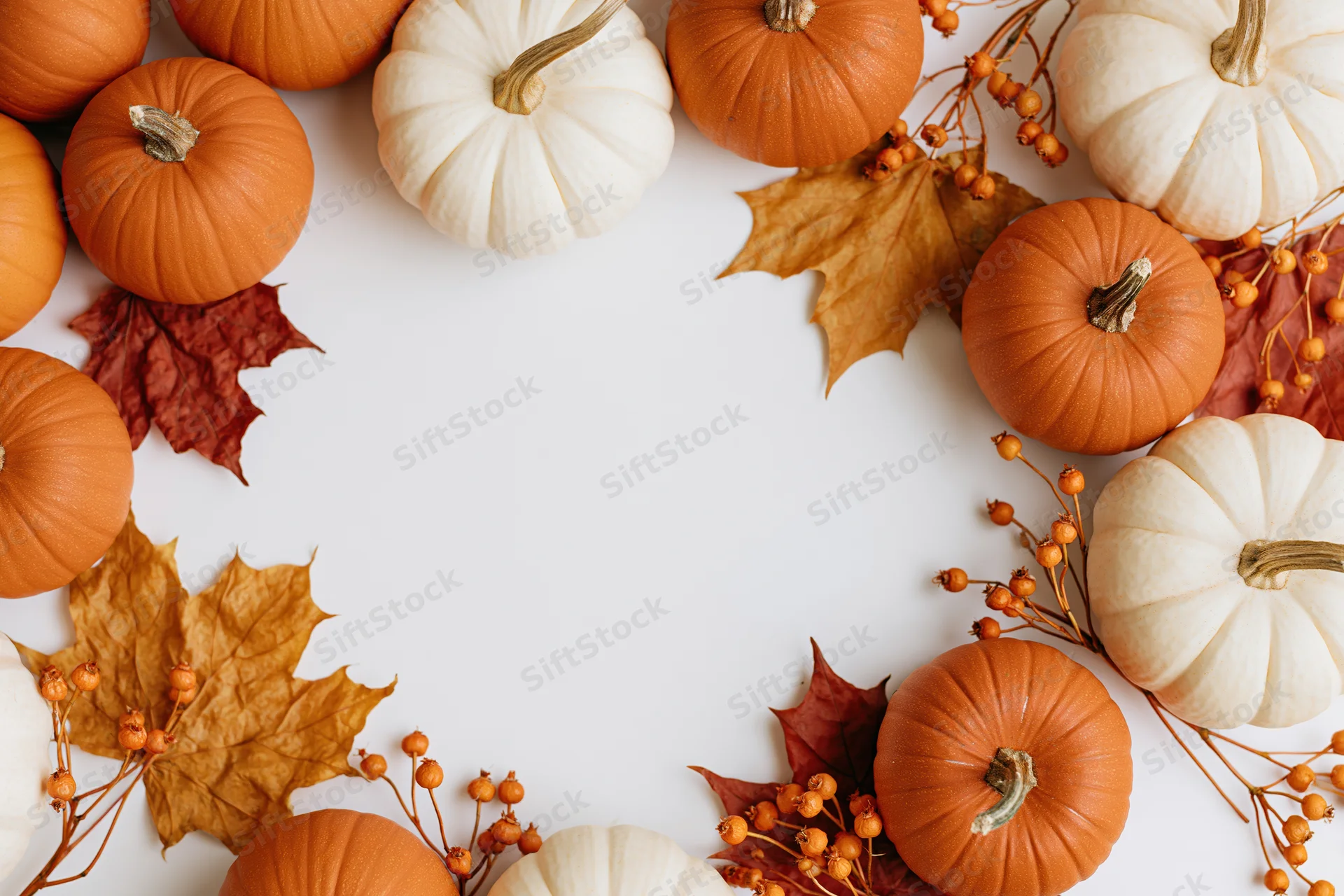 Small orange and white pumpkins with autumn leaves and berries arranged in a border on white surface