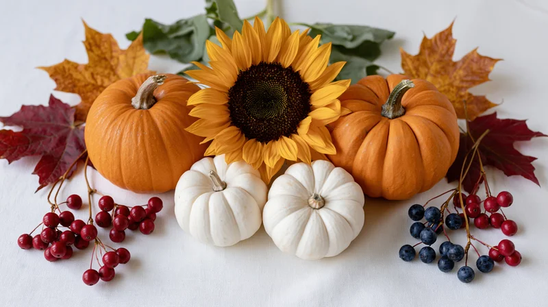 Autumn harvest arrangement with pumpkins, sunflower, maple leaves and berries on white surface