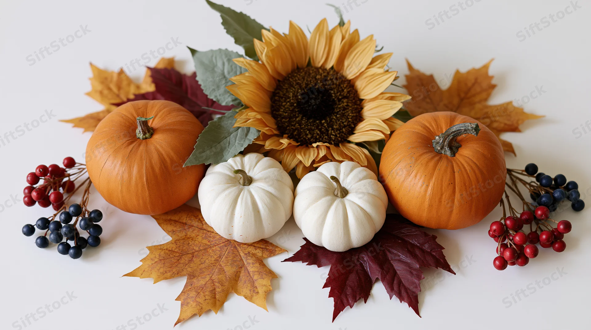 Autumn harvest arrangement with pumpkins, sunflower, leaves and berries on white surface