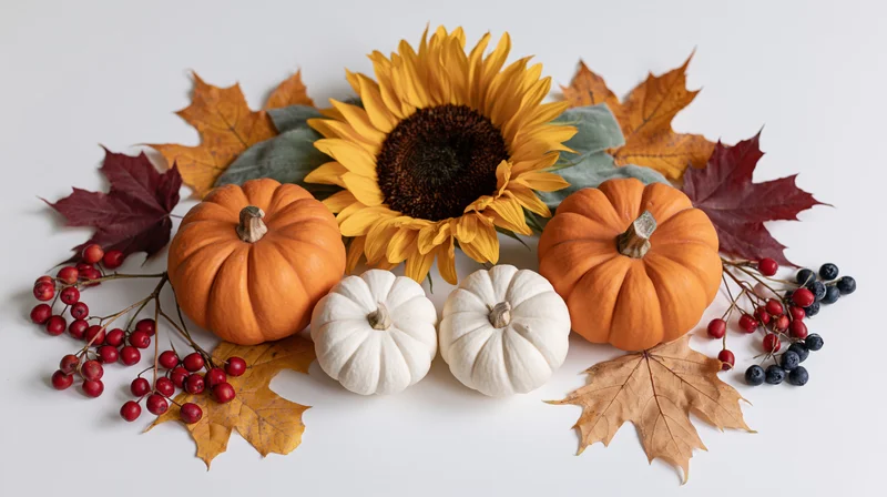 Autumn harvest arrangement with pumpkins, sunflower, and fall leaves on white surface