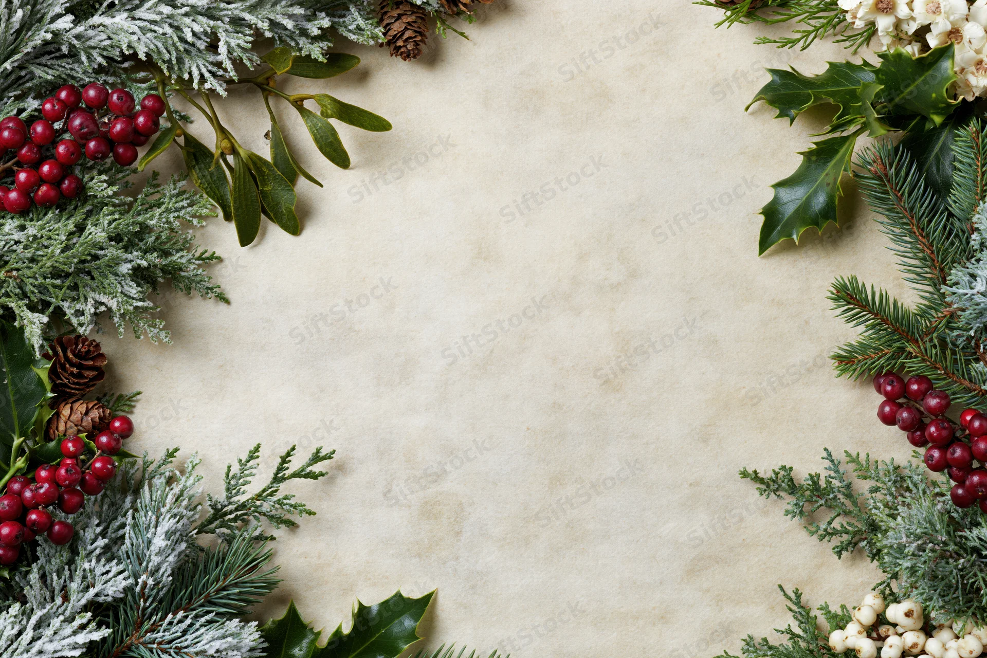 Winter greenery and berries arranged in a border on textured parchment paper with copyspace