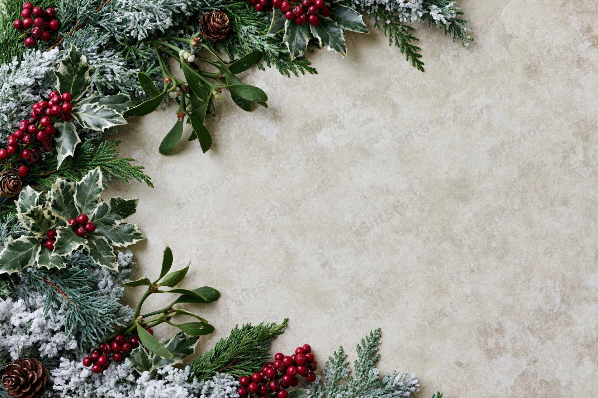 Winter greenery border with holly, mistletoe and pinecones on textured beige surface