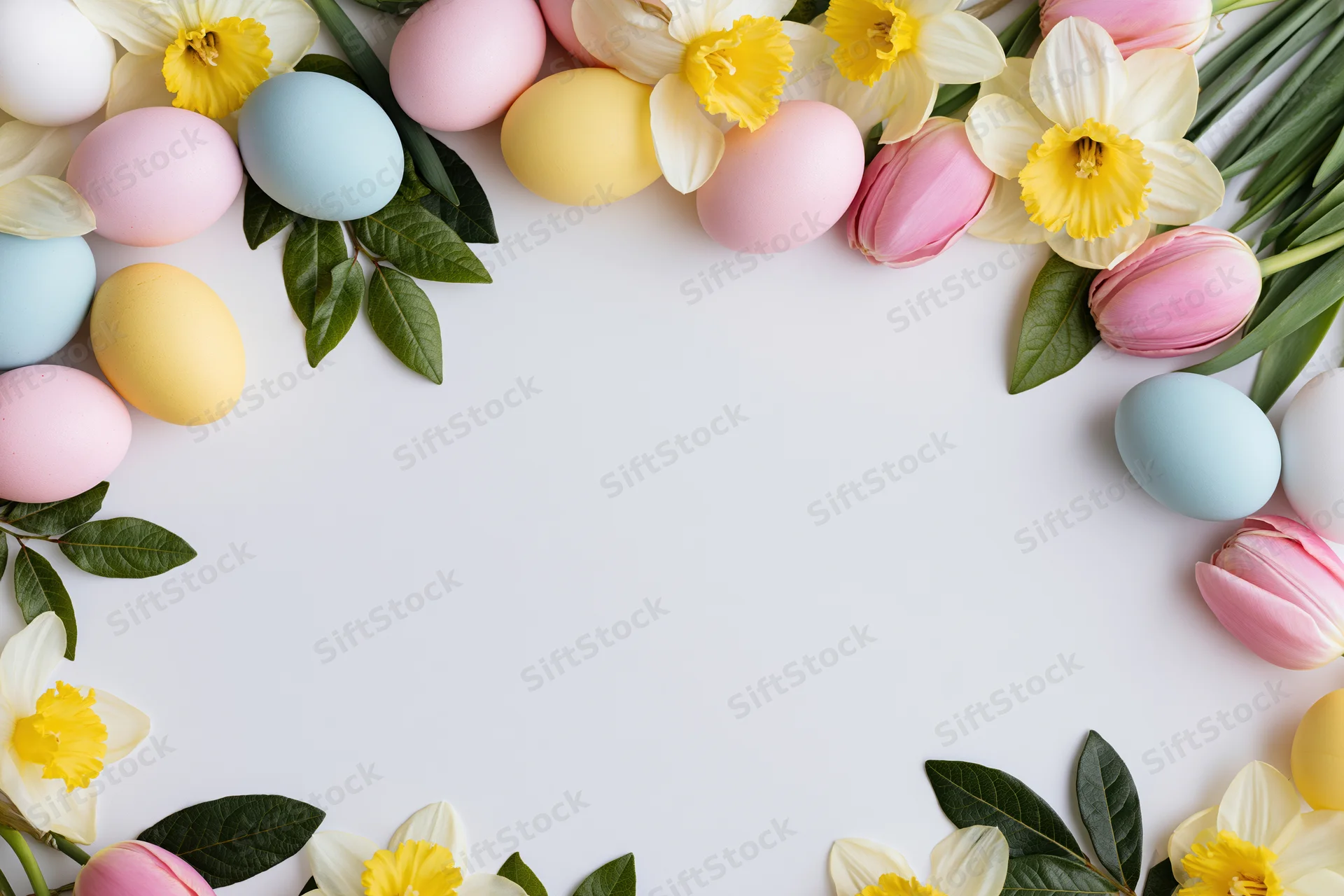 Painted easter eggs and spring flowers arranged in a border frame on white surface