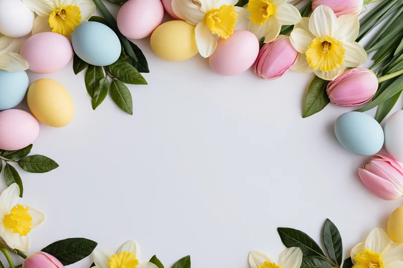 Painted easter eggs and spring flowers arranged in a border frame on white surface