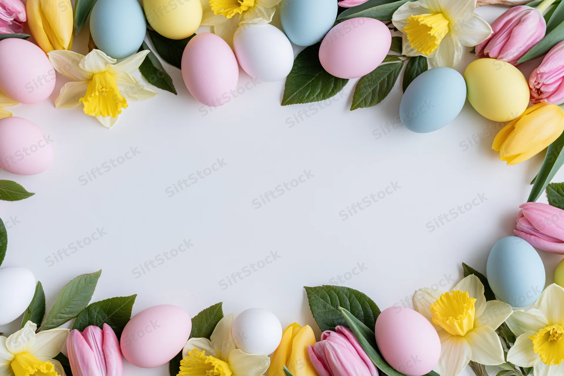 Painted easter eggs and spring flowers arranged in a border frame on white surface