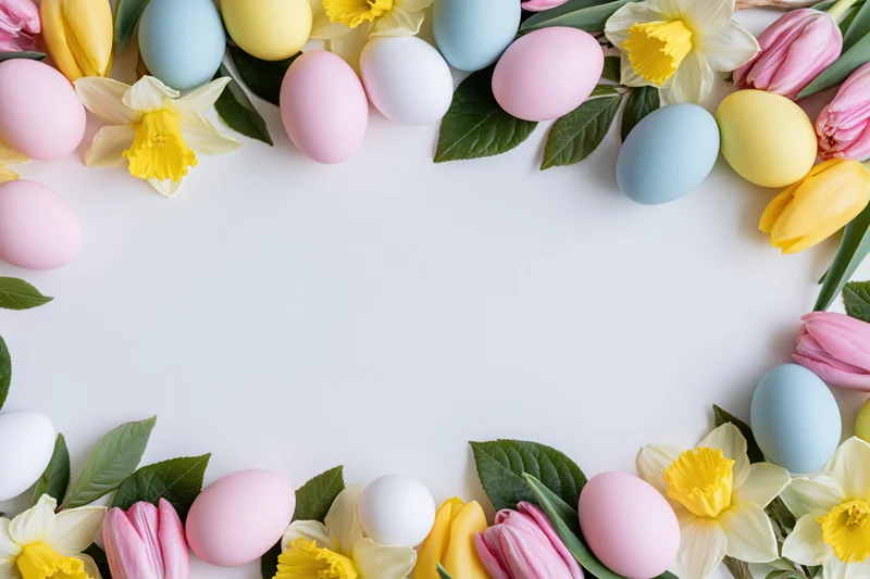 Painted easter eggs and spring flowers arranged in a border frame on white surface