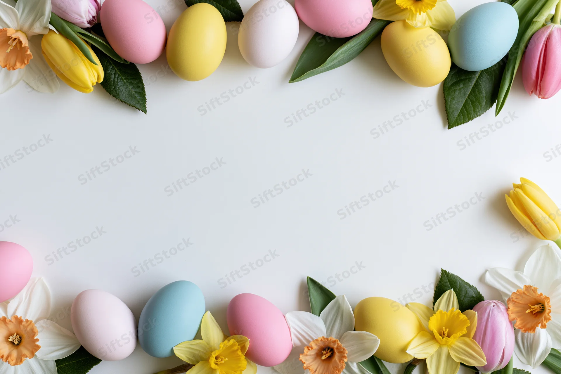 Painted easter eggs and spring flowers arranged in a border frame on white surface