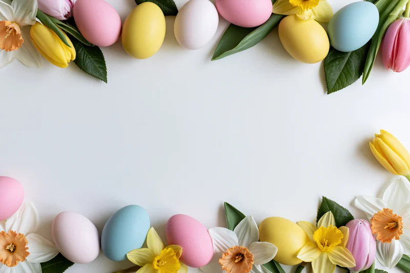 Painted easter eggs and spring flowers arranged in a border frame on white surface