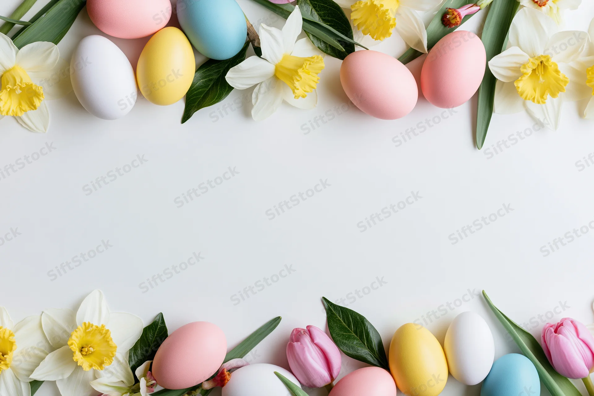 Painted easter eggs and spring flowers arranged in a border frame on white surface