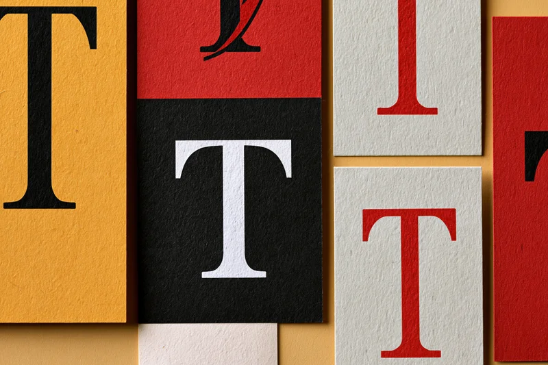 Flat lay collage of paper squares with letter t in various colors and fonts arranged in a grid pattern