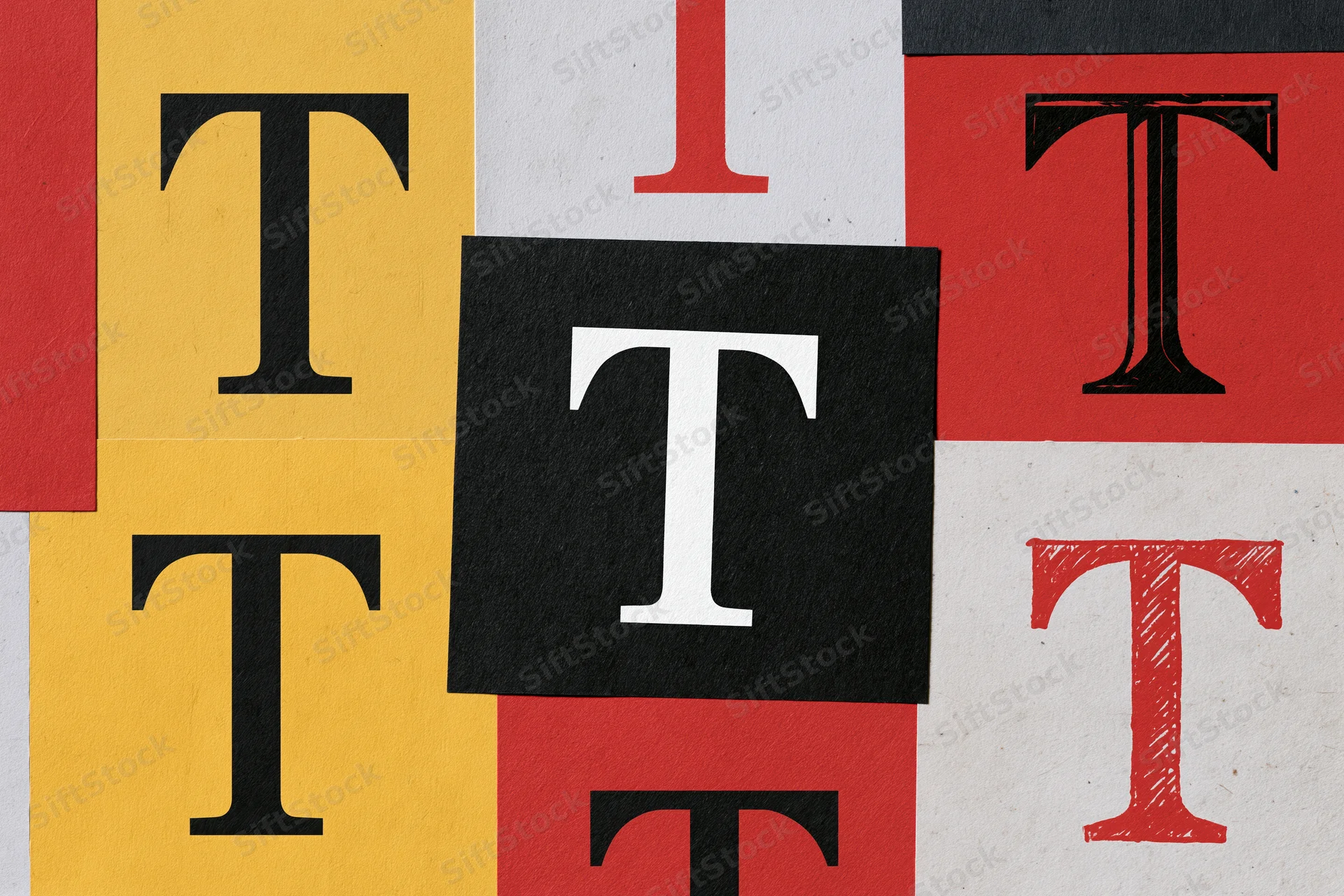 Flat lay collage of cut paper squares with letter t in various fonts and colors arranged in a grid pattern