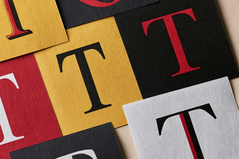 Flat lay of cut paper squares with letter t in various colors and fonts arranged in a collage